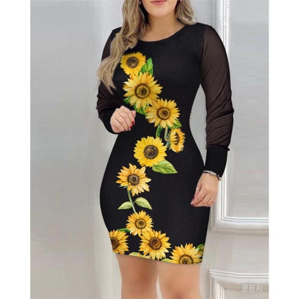 Women's Mesh Long-sleeved V-neck Slim-fit Printed Dress for Women