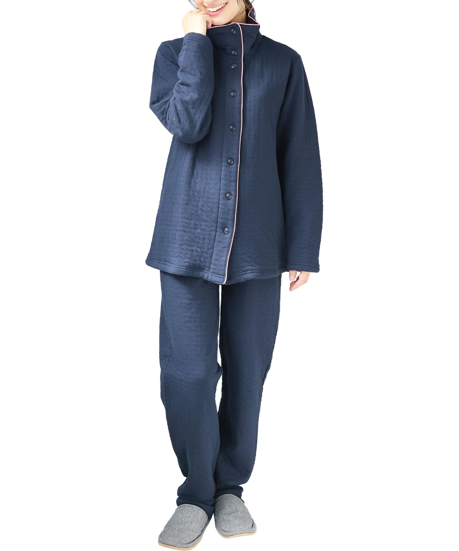 

ON NISHIKI Long Open Belly Warmer Knit Quilted Top and Bottom Long Cropped Loungewear Women s Autumn/Winter Pajamas, Sleeve, 100% Cotton, Front,