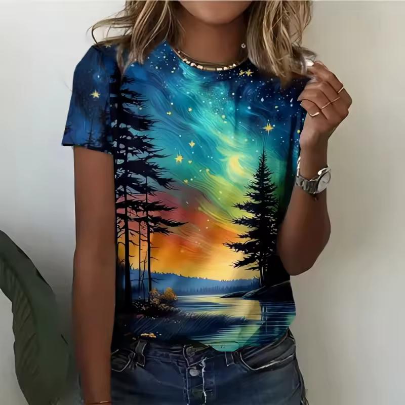 

Летний топ с круглым вырезом и 3D-принтом ночного вида, модная повседневная женская футболка с коротким рукавом 6XL