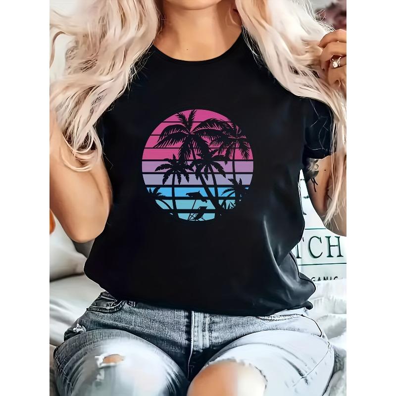Women s Loose Fit Coconut Tree Print T-Shirt - Short Sleeve Round Neck Casual Beachwear Top with Palm Tree, Machine Washable Suitable, S
