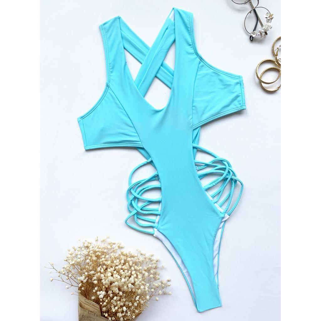 Women One Piece Swimsuit Sexy Cutout Monokini High Leg Swimwear Strappy Side Detail Beachwear for Summer Pool Party