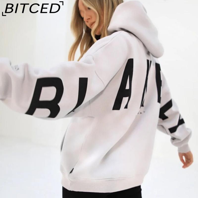 BITCED Damenmode Print Verdicktes Vielseitiges Langarm Oversize Kapuzensweatshirt