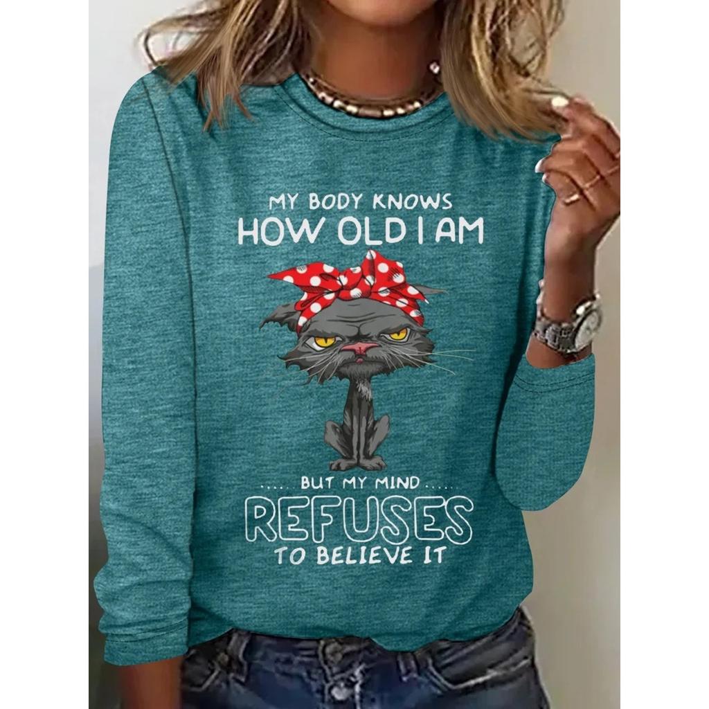 Okrągły dekolt 3D nadruk zabawny kot wzór top modny casual długi rękaw damskie koszulki