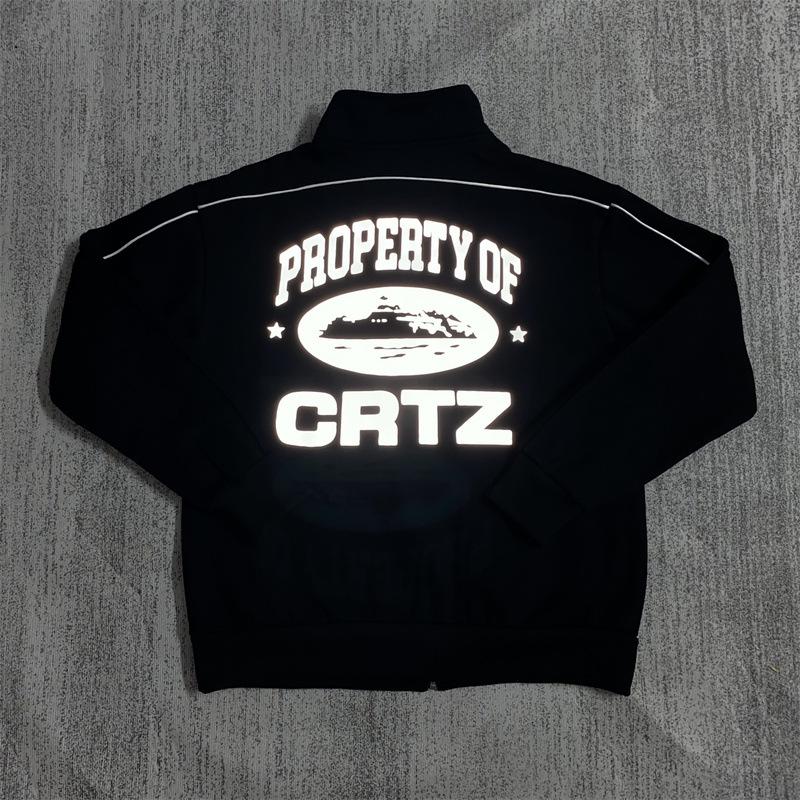 American Retro Reflective Corteiz Alcatraz Jacket with Stand Collar and Zippered Casual High Street Pants