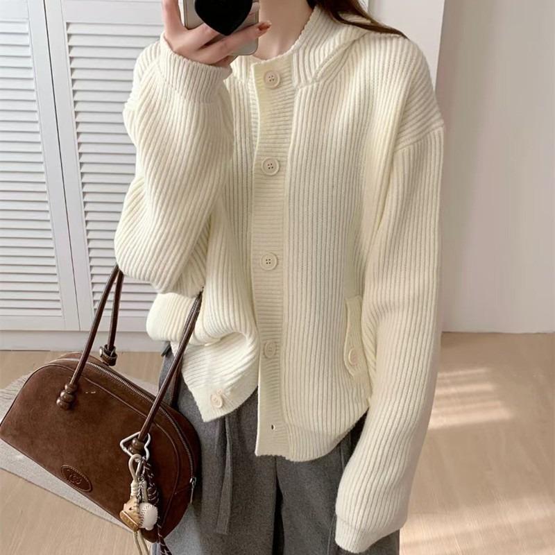 Lazy Wind Sweater Jacket Women's Autumn and Winter Fashion Casual Hooded Top Loose Age-reducing Versatile Knitted Cardigan