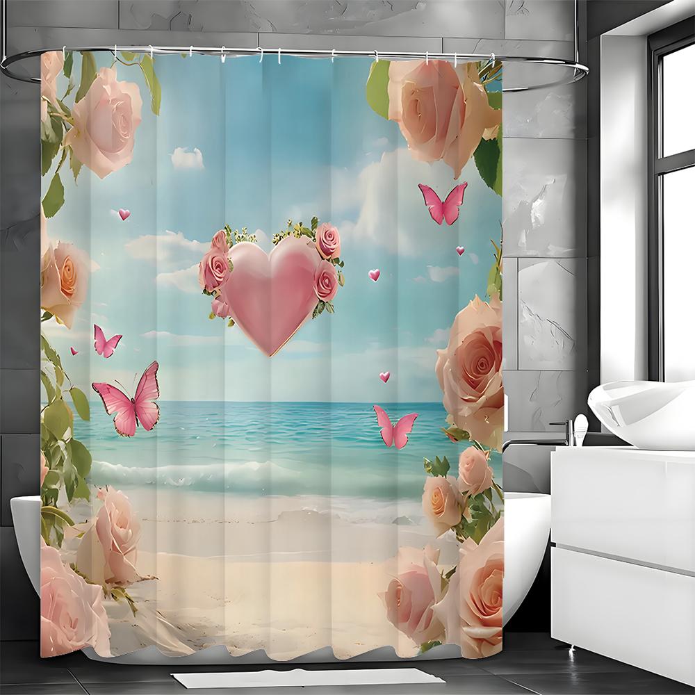 Mother's Day Ocean Rose Floral Butterfly Heart Pink Shower Curtain, Bathroom Decorative Shower Curtain, Waterproof Shower Curtai