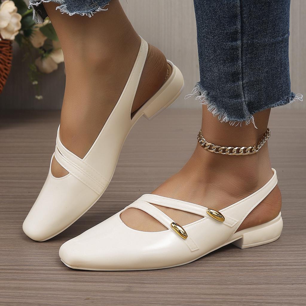 Summer Women Slingback Flats Square Toe Patent Leather Gold Buckle Low Heel Daily Office Commute Party Fashion Dress Shoes