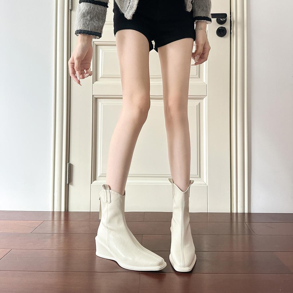 White thick-soled wedge elastic thin boots women's autumn and winter new retro versatile short boots Martin boots