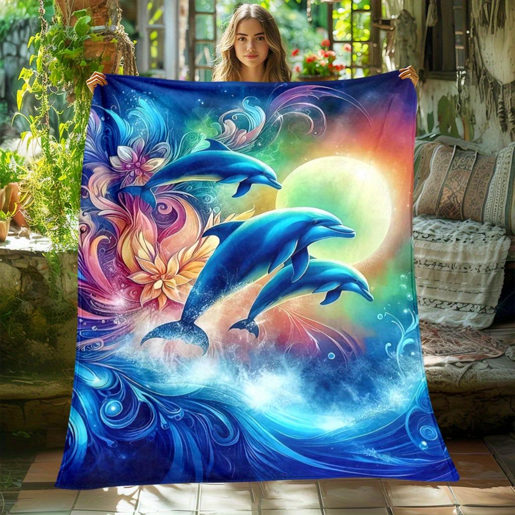 1 dolphin pattern flannel blanket - soft and warm, suitable for camping, sofas, beds and chairs, a perfect holiday gift for kids