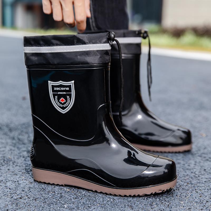 Water Shoes Pull Rope Elastic Waterproof Mouth Rain Shoes Men's Rubber Shoes Rain Boots Medium Tube Beef Tendon Sole Non-slip Waterproof Oil-proof