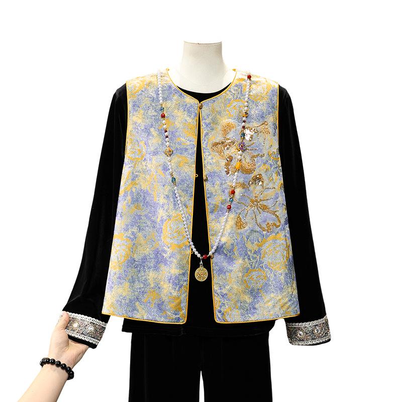 Mom's 2026 Chinese Style Spring/Autumn Three-Piece Suit: Stylish Vest and Top for Middle-Aged and Elderly Women
