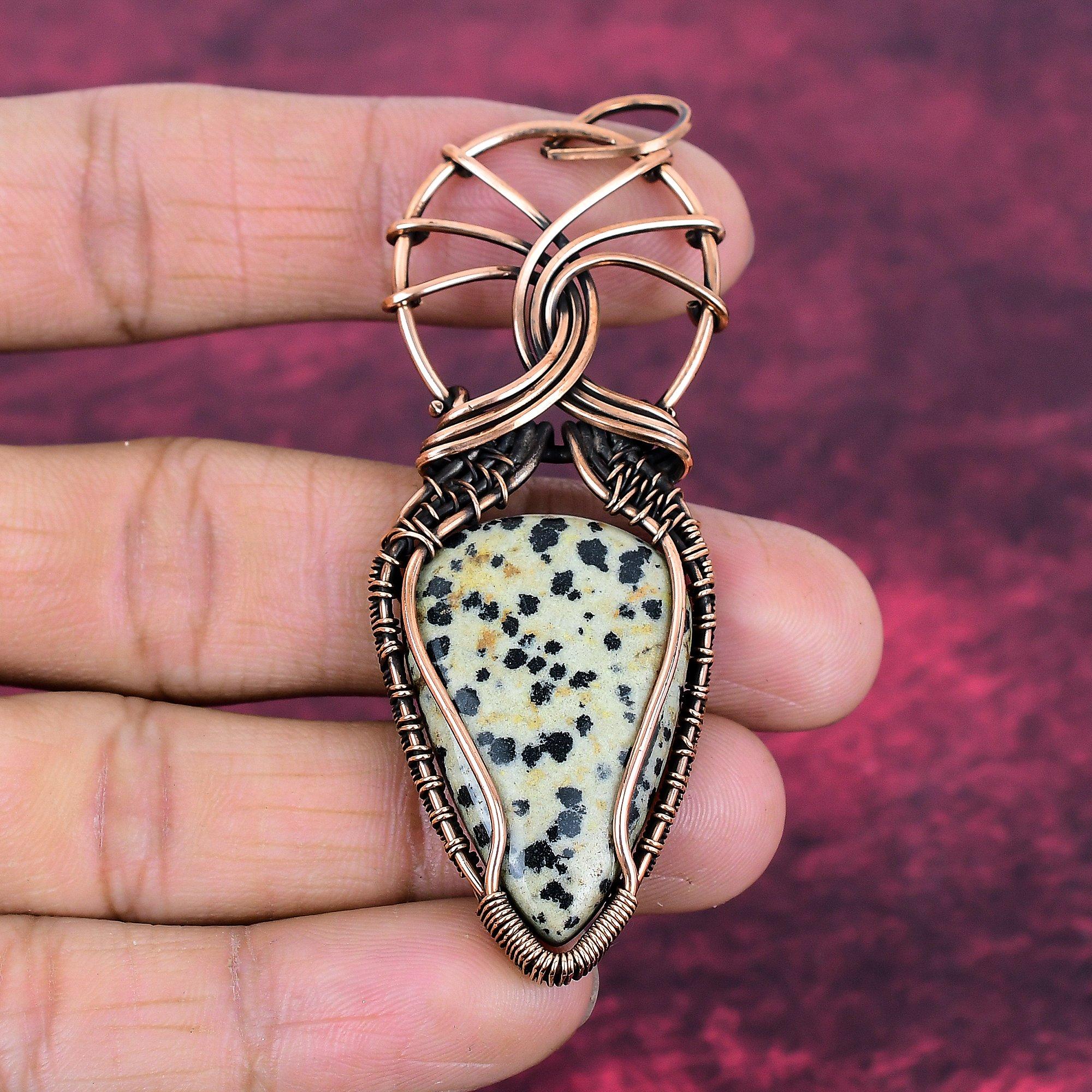 Dalmatian Jasper Gemstone Pendant Copper Wire Wrapped Jewelry Handmade Pendant