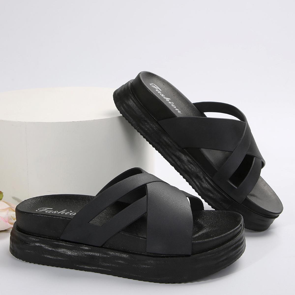 

Модные женские тапочки, повседневные туфли на толстой подошве, женские модные тапочки с открытым носком, однотонные удобные пляжные сандалии для женщин 36 чёрный