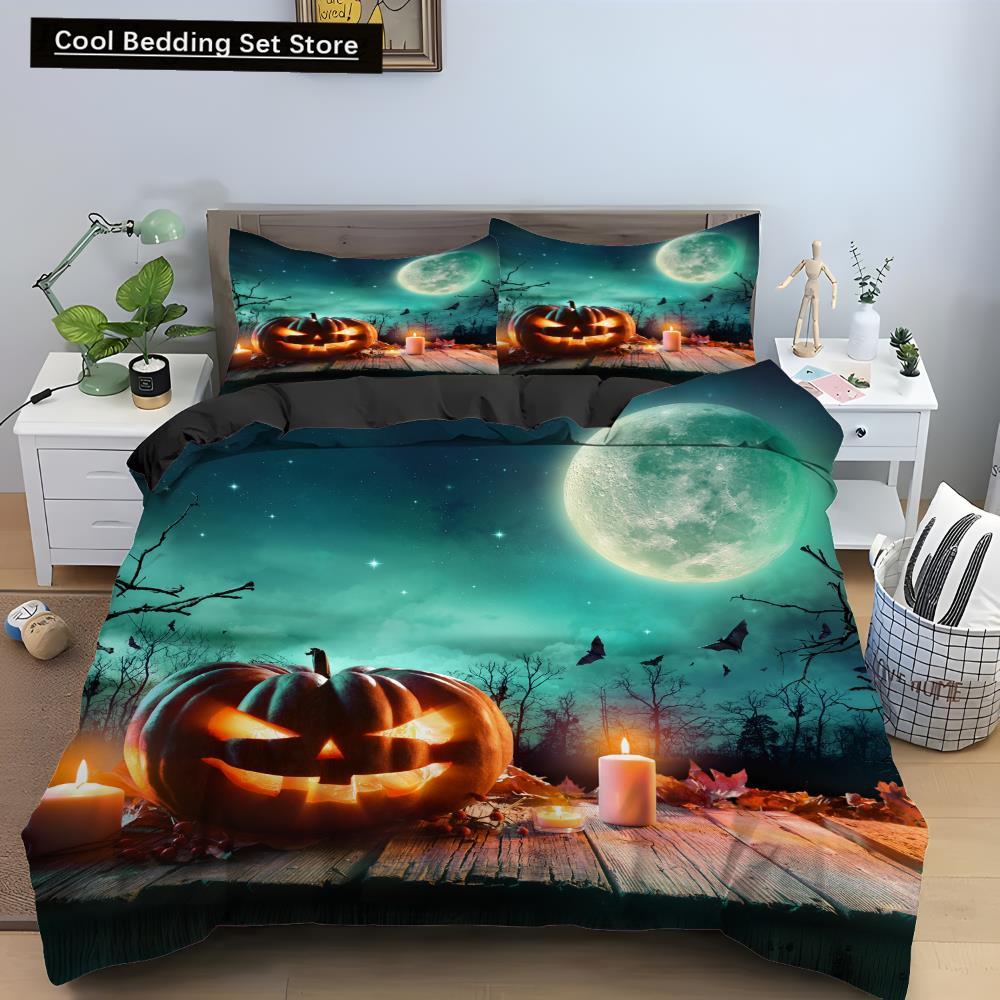 Halloween Horror Pumpkin King Queen Duvet Cover Night Witch Bedding Set Bat Moon Quilt Cover 2/3pcs Polyester Comforter Cover