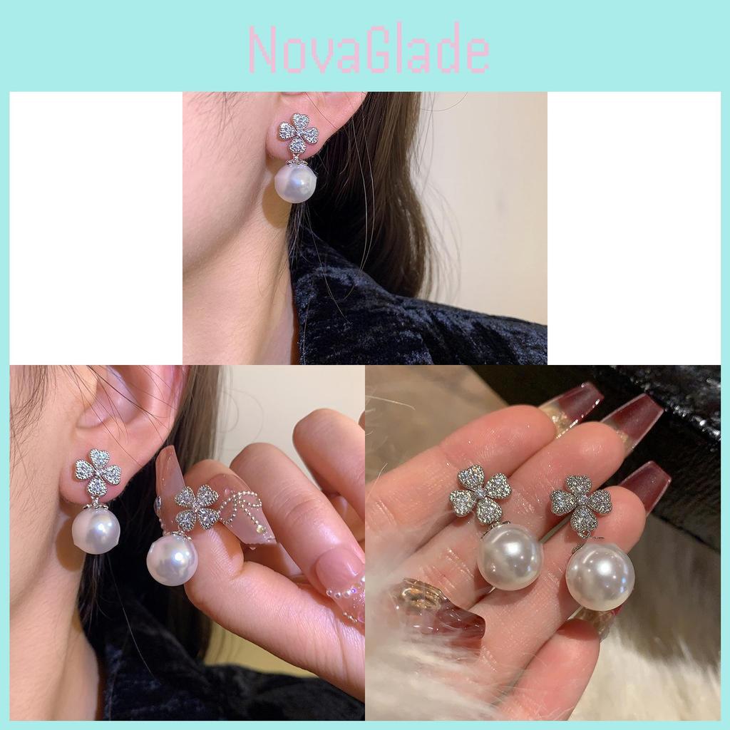 Elegant Flower Pearl Drop Earrings With Rhinestone Detailing For Women