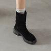 Krazing Pot Cow Suede Nubuck Winter Round Toe Western Boots Med Heels Slip On Metal Buckles Women Mid-calf Boots