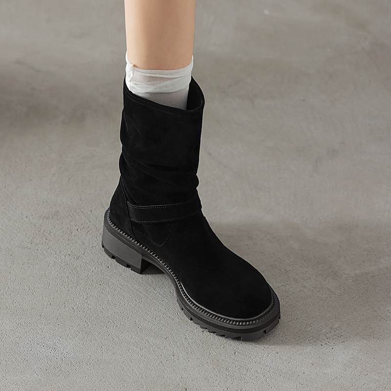 Krazing Pot Cow Suede Nubuck Winter Round Toe Western Boots Med Heels Slip On Metal Buckles Women Mid-calf Boots