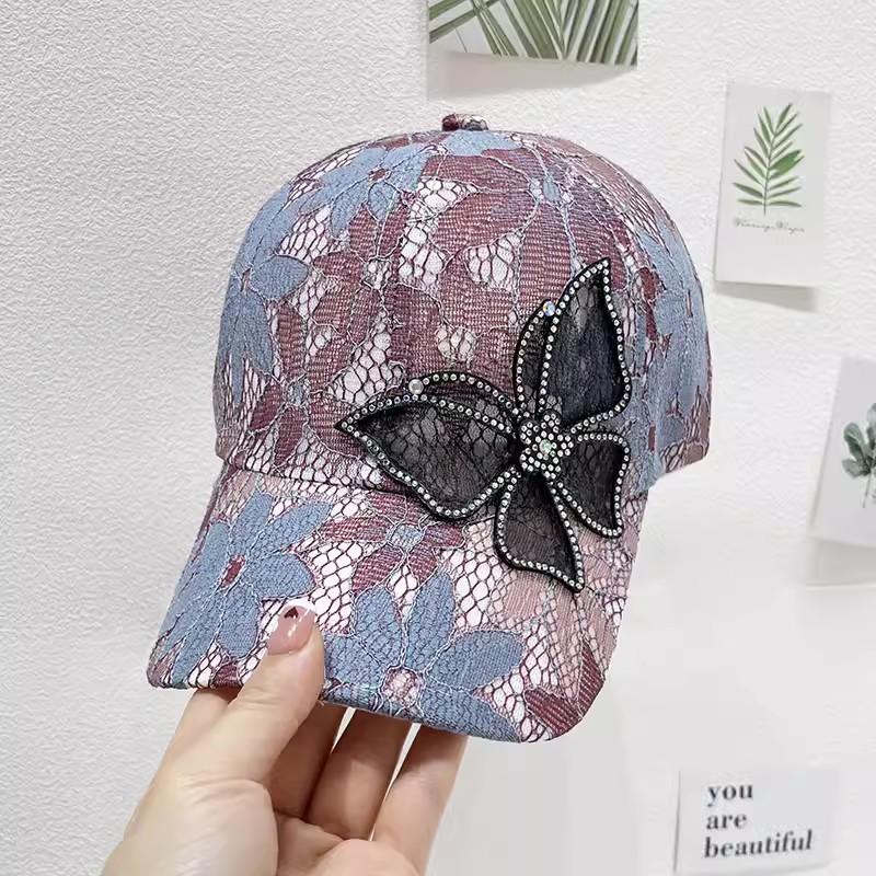 Women's New Style Lace Diamond-embellished Mesh Butterfly Baseball Cap Summer Fashionable Sun Protection Sun Hat