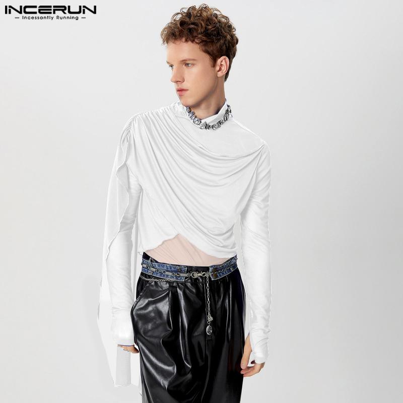 INCERUN Men Ruffled High Neck Patchwork Front Cross Fitted Tops Mesh Sheer Irregular T-shirts