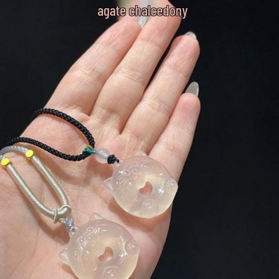 Ice-Type White Agate Totoro Cat Pendant Necklace Unisex Anime Jade Stone Pendant Only