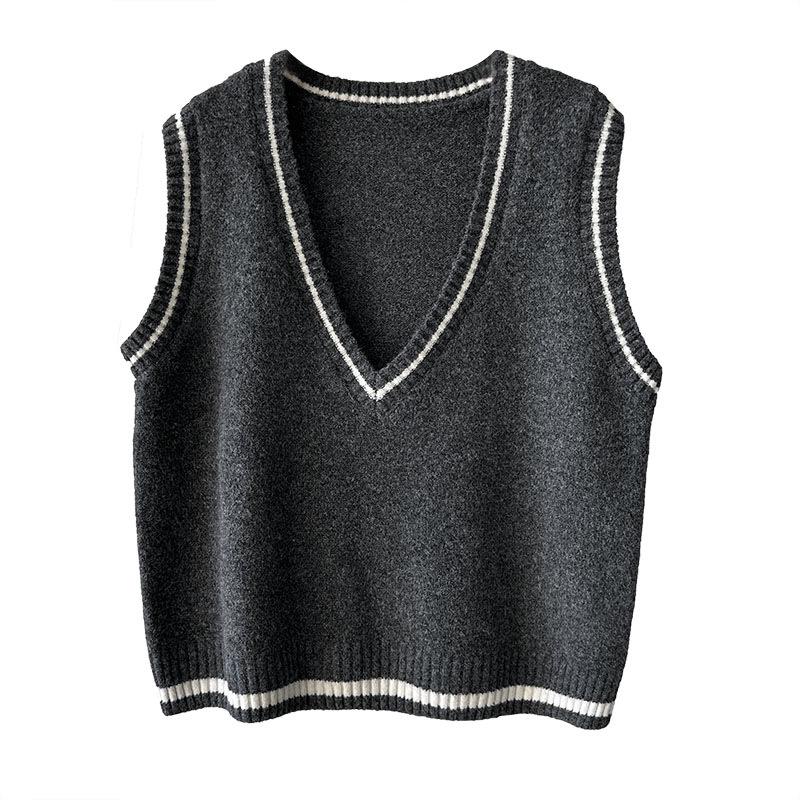 Orange Zhi Retro V-Neck Color Block Knitted Vest - Early Autumn College Girl Style