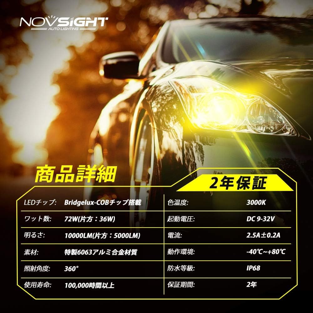 NOVSIGHT LED Headlight, H4Hi/Lo LED Bulb, Yellow, High Performance Chip, Easy Installation, 10,000 LM