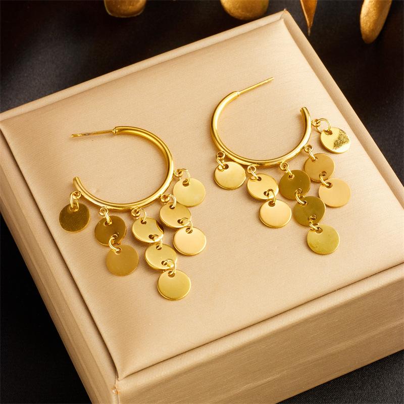 

Gold Plated Hoop Earrings with Disc Tassel Charms Fashion Jewelry for Women золотой