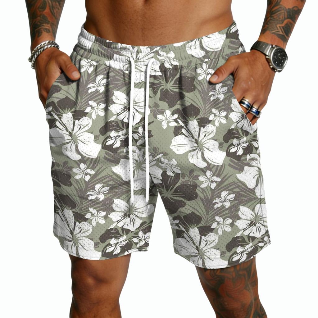 Herren Freizeitshorts mit Kordelzug Leichte Schnelltrocknende Fünf-Punkt-Länge Strandbekleidung Hawaiianischer Print Sommer Sportbekleidung