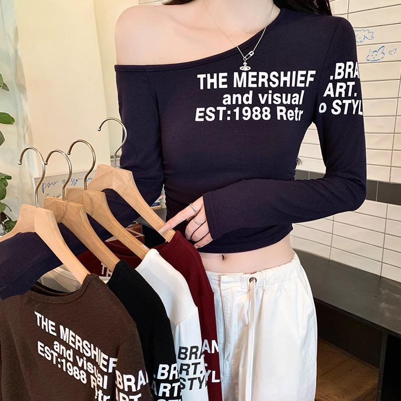 

260g Women s Off-Shoulder Long Sleeve T-Shirt with Slant Neck and Autumn Letter Print Large чорний
