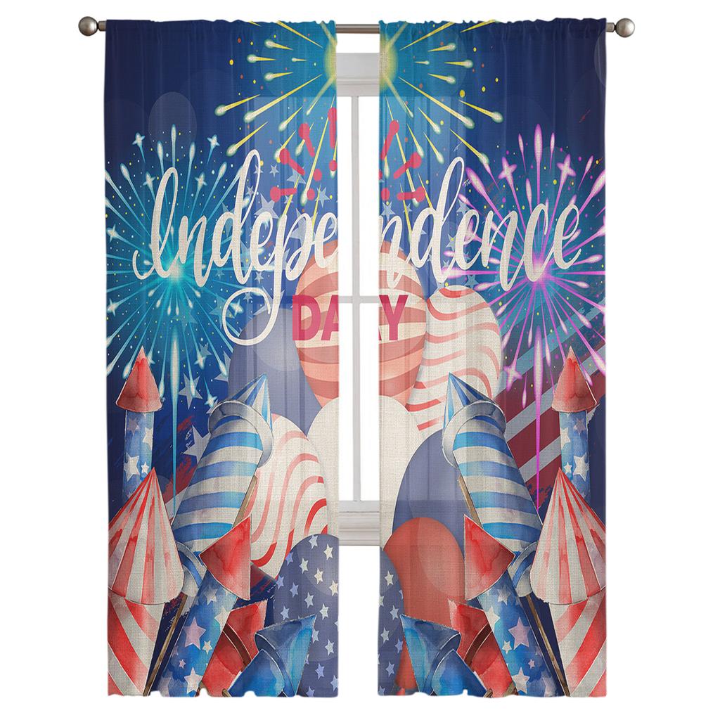 Unabhängigkeitstag Feuerwerk Ballons Transparente Vorhänge für Wohnzimmer Schlafzimmer Kinderzimmer Tüll Fensterdekoration Vorhänge