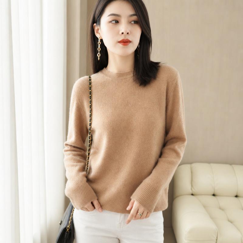 Women Crew Neck Solid Color Knit Sweater Long Sleeve Loose Fit Casual Ladies All Match Autumn Winter Basic Pullover