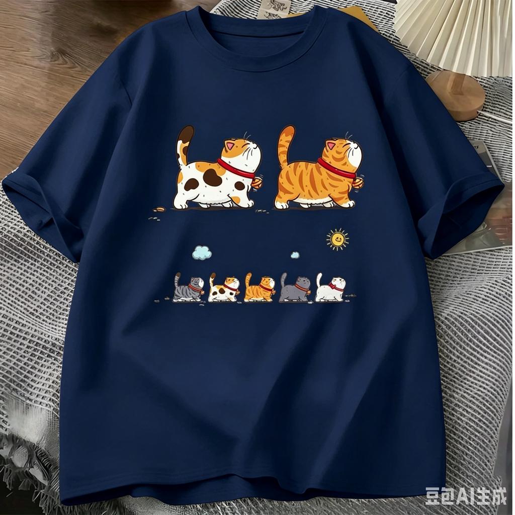 Summer Unisexs Tshirt Loose Cute Cat Team Pattern Sporty Casual 100 Cotton Comfortable for Versatile Suitable for All Occasions