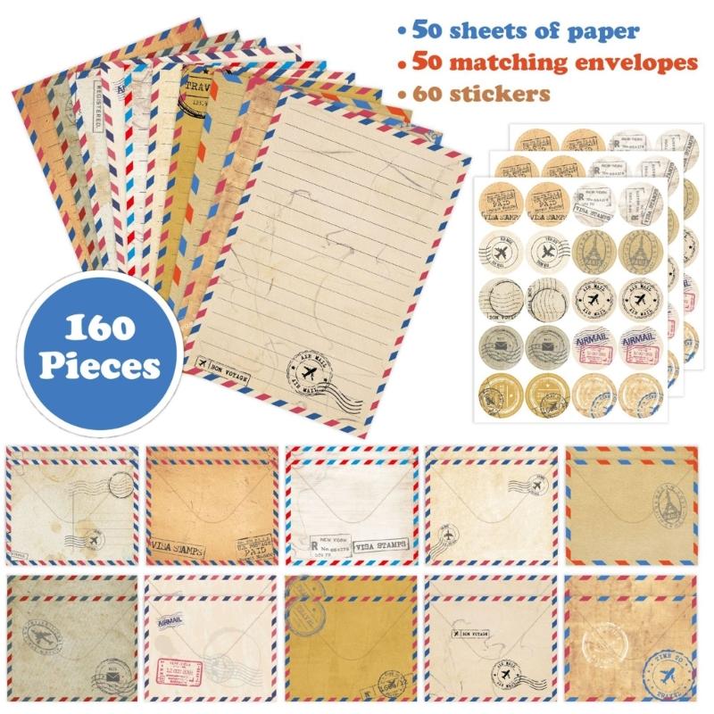 Vintage Paper Stationery Set 50 Letter Paper Lined Sheets 50 Matching Envelopes 60 Sealing Label Sticker for Wedding