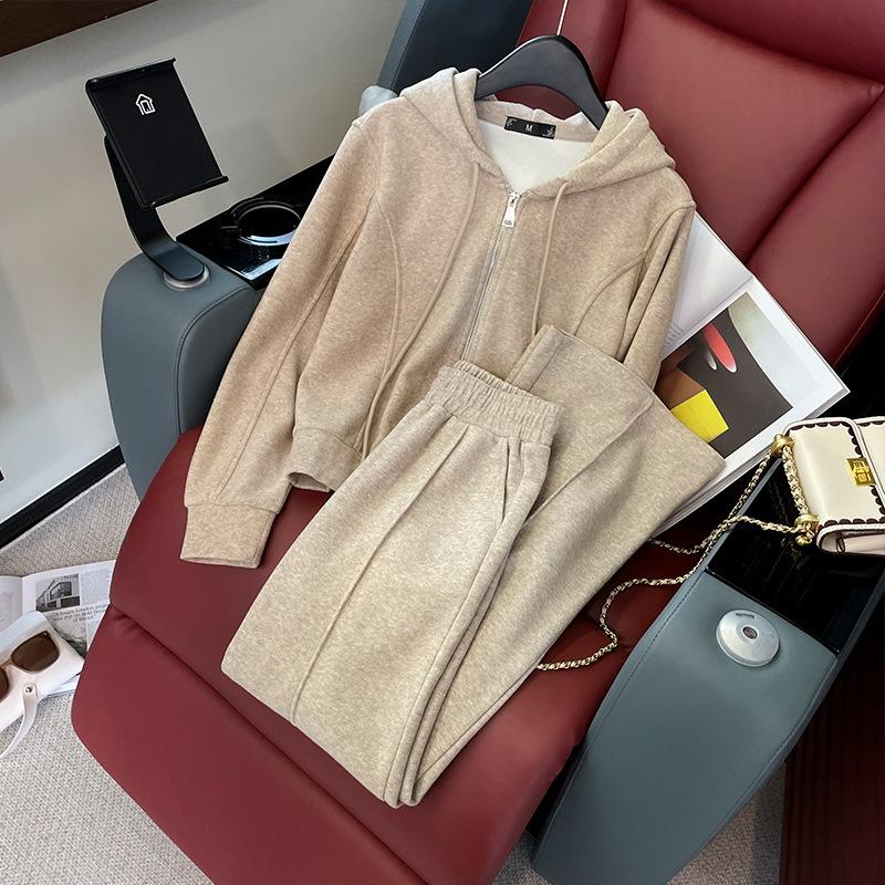 

Розовый спортивный костюм, полный комплект для женщин, для ношения весной и осенью, велюровый, толстовка с утолщенным теплым дизайном, повседневный комплект из двух предметов XXL