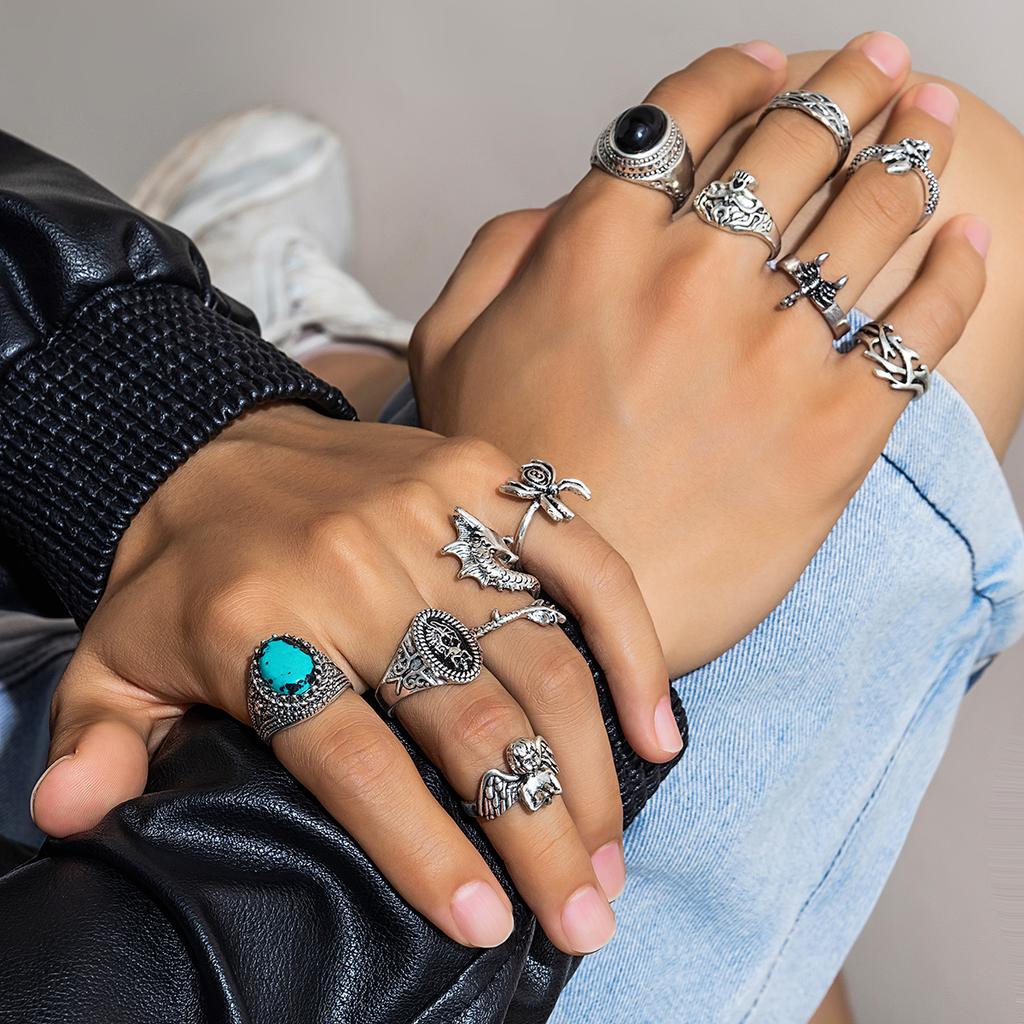 KunJoe 11pcs/set Punk Metal Geometric Irregular Animal Skeleton Rings for Men Vintage Blue Stone Rings Halloween Hiphop Jewelry