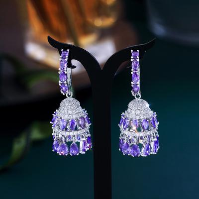 Edler Luxus Elegante Lila Schwerindustrie Hofstil Ohrringe Voller Zirkon Wassertropfen Dreidimensionale Glocken Und Ohrringe
