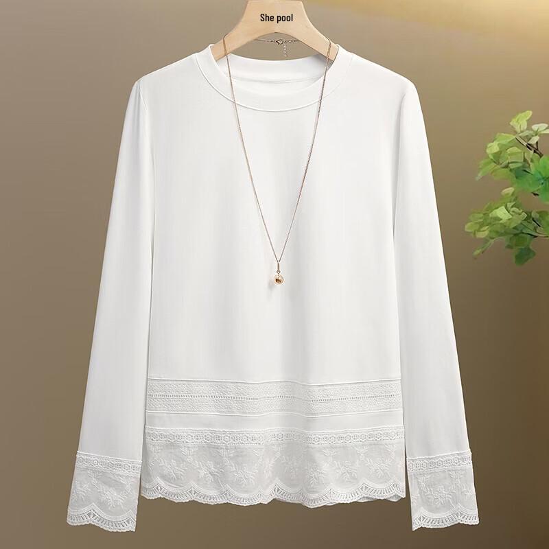 Women s Round Neck Long Sleeve Lace Trim T-Shirt S
