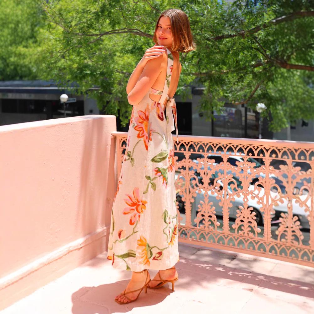 Summer 2025 European & American Vacation Style Backless Print Long Suspender Dress