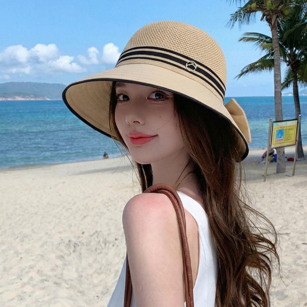 Weave Bow Fisherman Hat Large Bow Sunscreen Bucket Hat Sweet Women Sun Hat  Summer