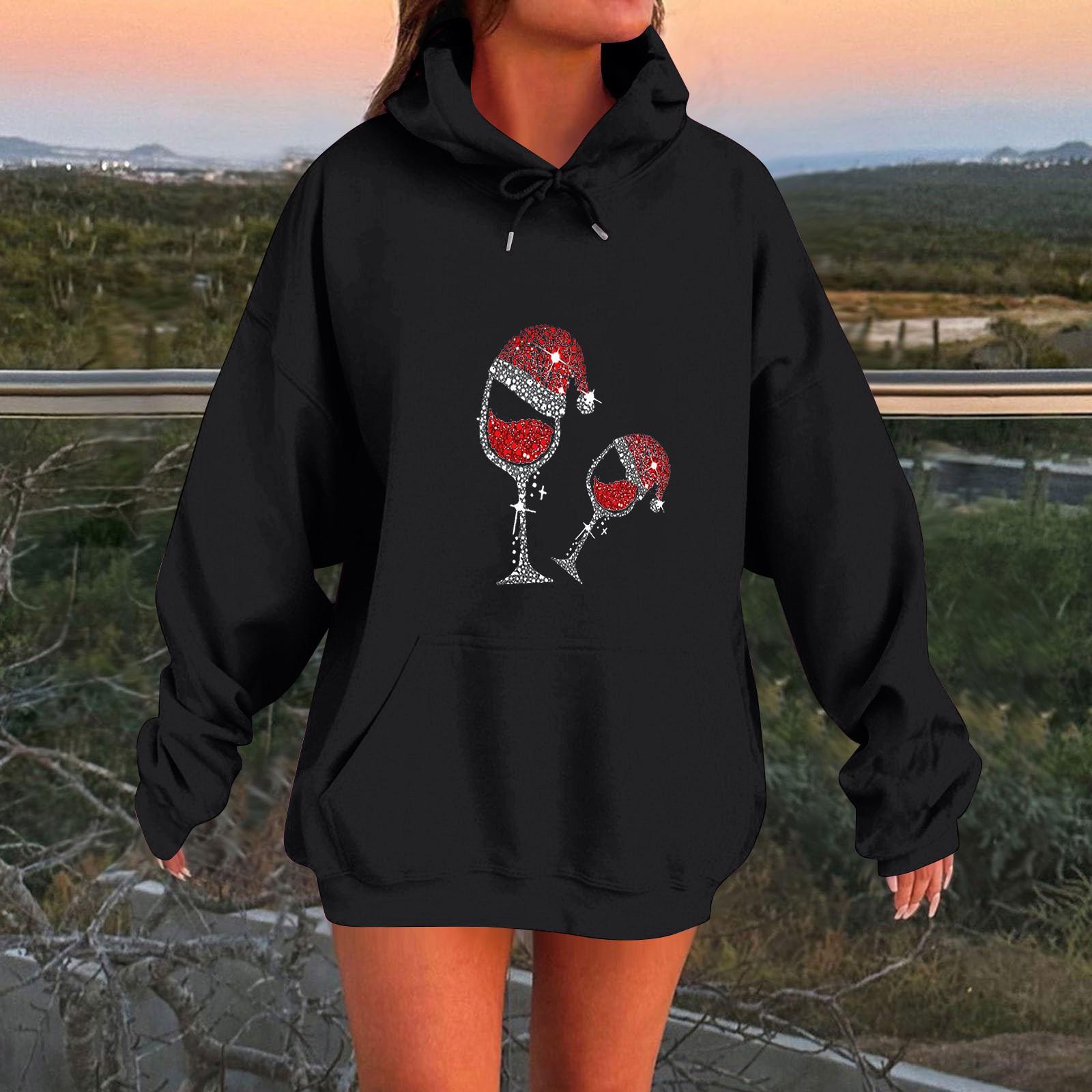 

Женская мода O-образный вырез с длинным рукавом и принтом, толстовка с капюшоном XL чёрный