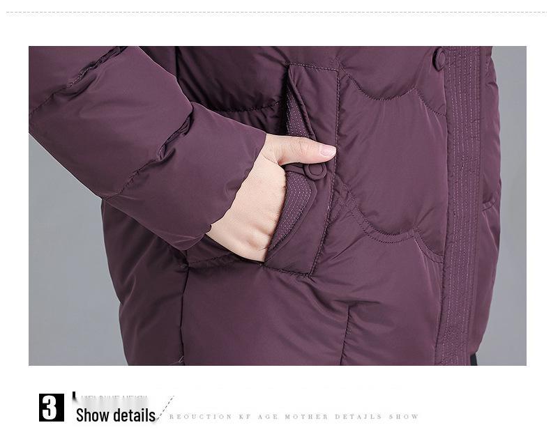 Warme Kapuzen-Daunenjacke für Damen 2025: Neue Stil Stickerei Baumwolle Winter Oberbekleidung für Mütter mittleren und höheren Alters.