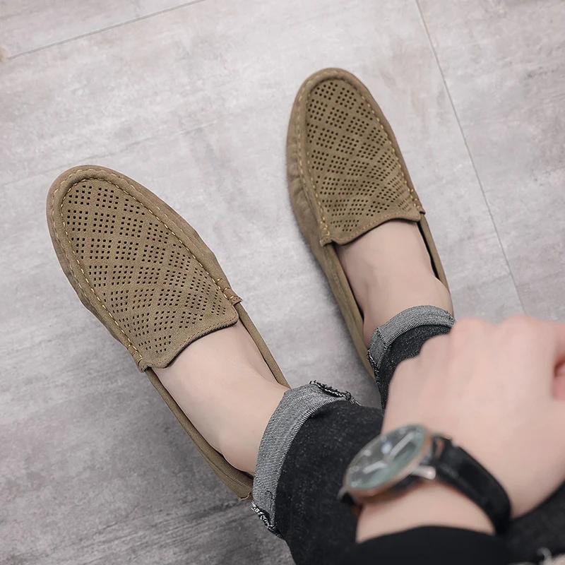 Summer Suede Men Casual Shoes Outdoor Breathable Lightweight Leather Mens Walking Shoes Anti Slip Lightweight Driving Shoes