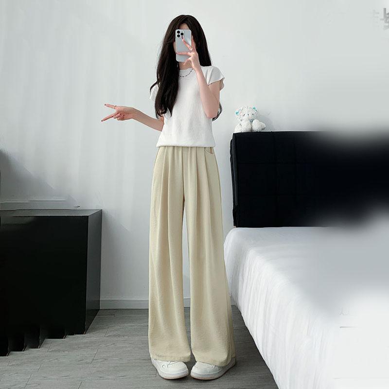 Women's Summer Lightweight Milk Apricot Wide-Leg Pants High-Waisted Loose Lazy Style Casual Long Trousers