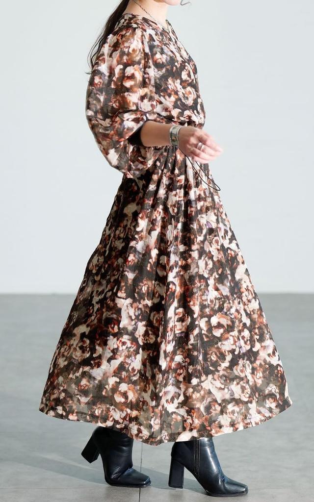 Gold Japan Plus Size Long Flared Floral Voluminous Perfect for Fall and Sizes Women's Dress, Sleeves, Print, Drawstring, V-Neck, Sleeves, Spring,