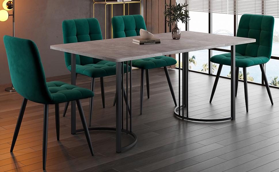 Dining Set (5-piece), Dining Table with 4 Chairs, 140×80cm Kitchen Table with Black Metal Legs, MDF Tabletop In Grey, Dark Green Velvet Dining Chairs