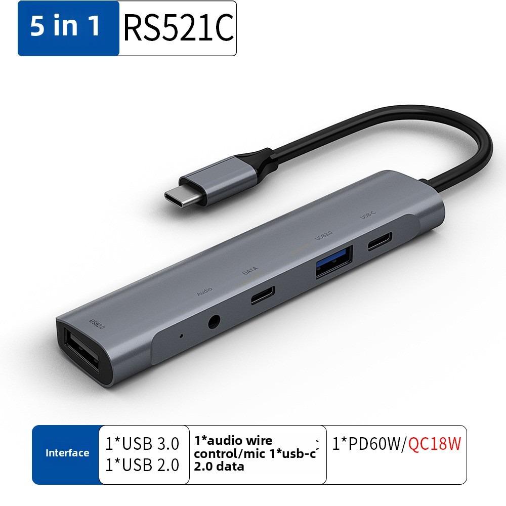 5 In 1 Type C Hub PD60W Fast Charging 35mm Mic Dock for Laptop Tablet