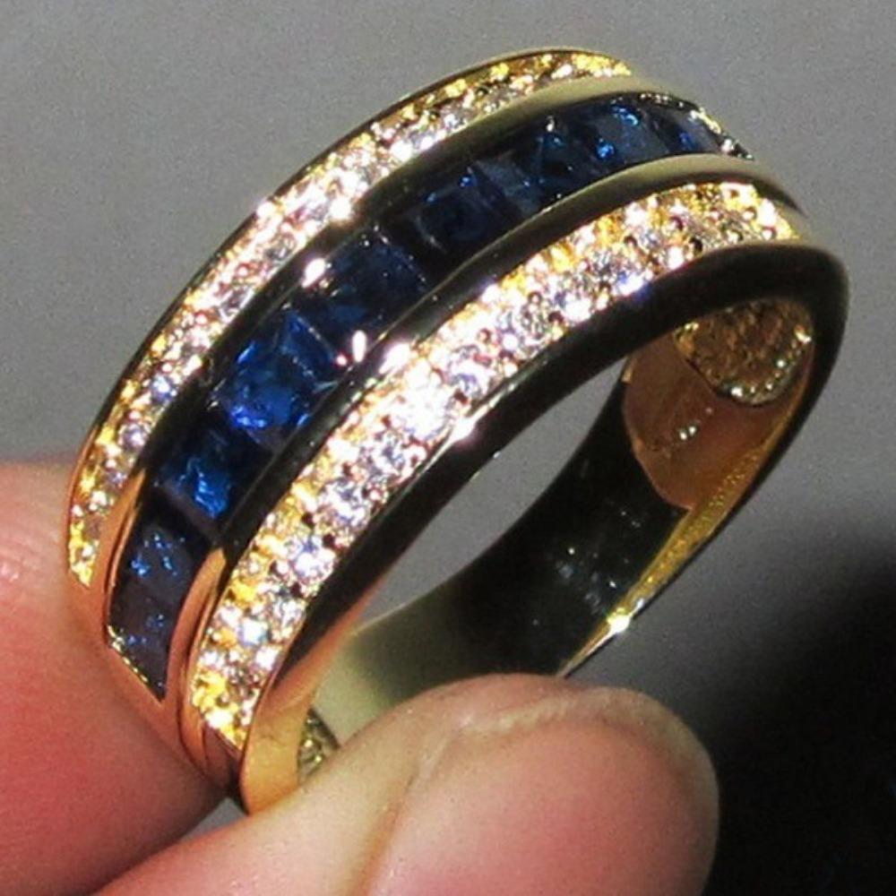 Luxury Blue Sapphire Square Ring with Full Diamonds 18k Gold Plated Unisex Jewelry