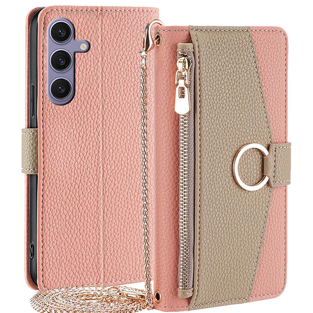 

For Samsung Galaxy S24+ Zipper Pocket Phone Cover Crossbody Case with Makeup Mirror Pink