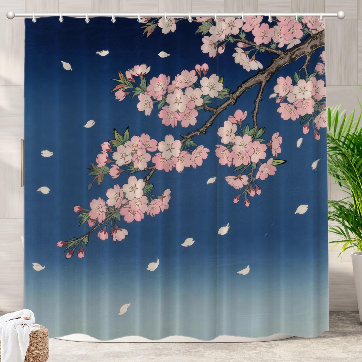 Blue Night Cherry Blossom Branch Pattern Waterproof Shower Curtain 180x180cm Japanese Style Art Print Bath Curtain Home Decor 90x180cm35x71in