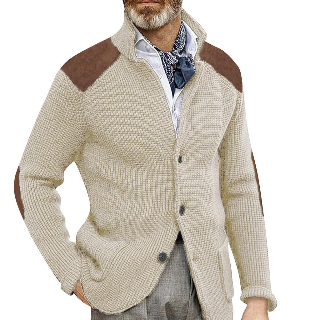 Men's Cardigan Color-Blocked Slim-Fit Stand-Collar Long-Sleeve Knitted Outerwear